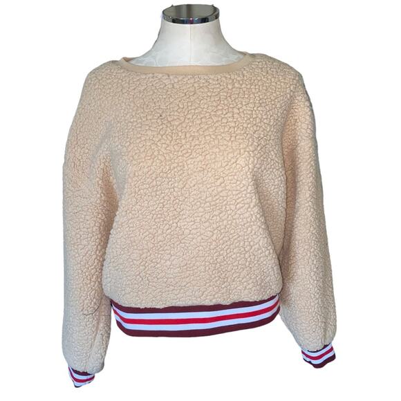 Joe Boxer Sherpa Teddy Pullover Crewneck Sweatshirt with striped hem size large - Picture 1 of 8